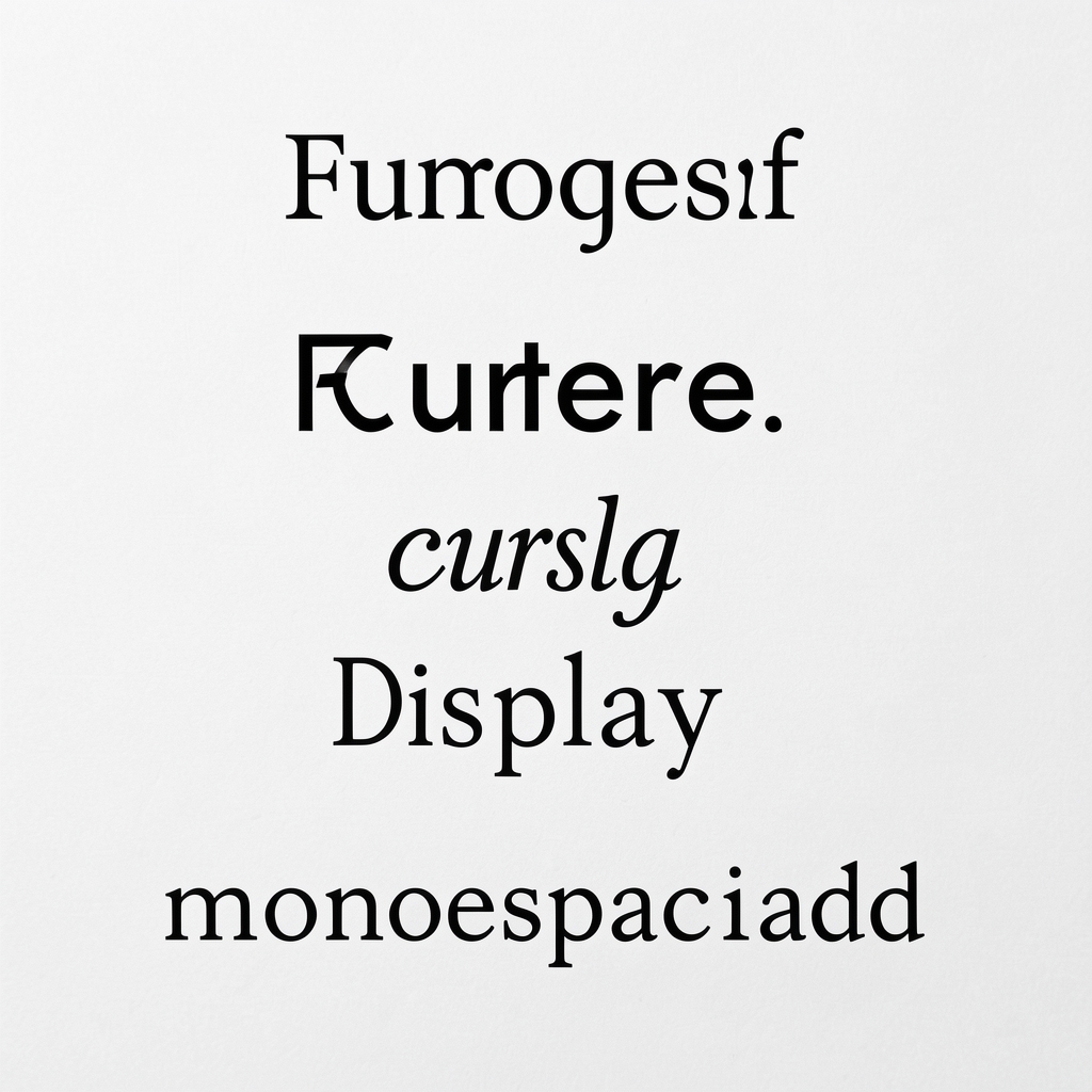 Tabla comparativa de cinco estilos tipográficos clásicos impresos en papel bond blanco mostrando serif, sans-serif, cursiva, display y monoespaciada
