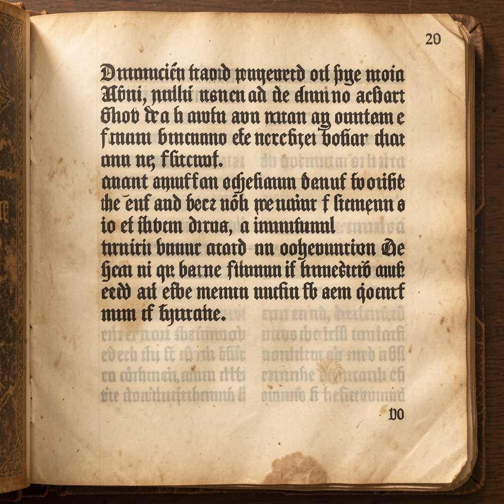 Reproducción de una página de la Biblia de Gutenberg con tipografía gótica negra impresa sobre pergamino amarillento envejecido