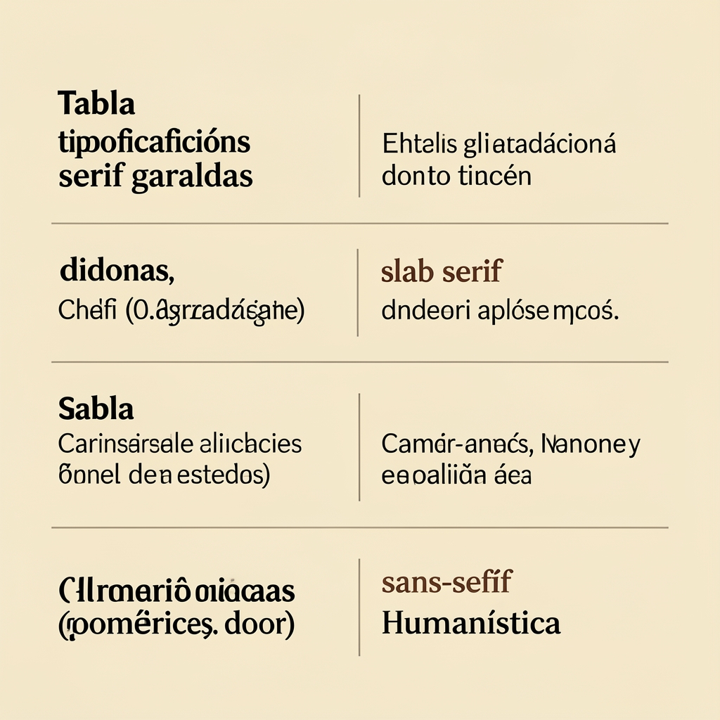 Tabla comparativa visual de clasificaciones tipográficas principales: serif garaldas, didonas, slab serif, sans-serif geométricas y humanísticas, cada una con texto de muestra y su nombre de categoría sobre fondo crema con tipografía editorial