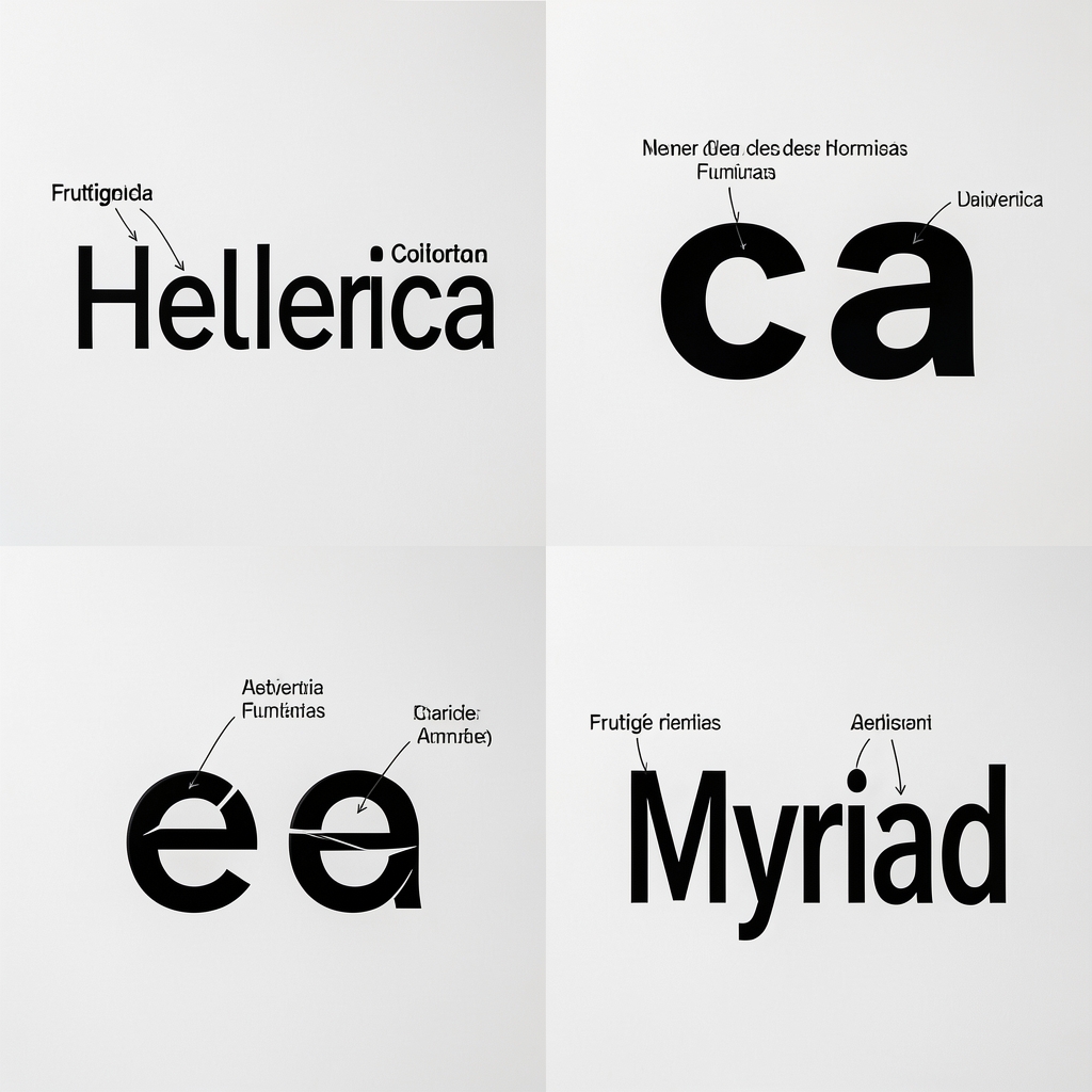 Comparación de contraformas en cuatro tipografías distintas: Helvetica, Gill Sans, Frutiger y Myriad, mostrando el grado de apertura de las letras c, e y a en cada una, con anotaciones tipográficas sobre las diferencias de apertura