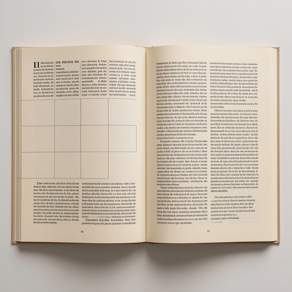 Dos páginas abiertas de un libro de diseño editorial mostrando una cuadrícula modular con columnas de texto serif, márgenes amplios, fotográfica a página completa y sistema tipográfico jerárquico con titular, bajada y cuerpo de texto en papel crema
