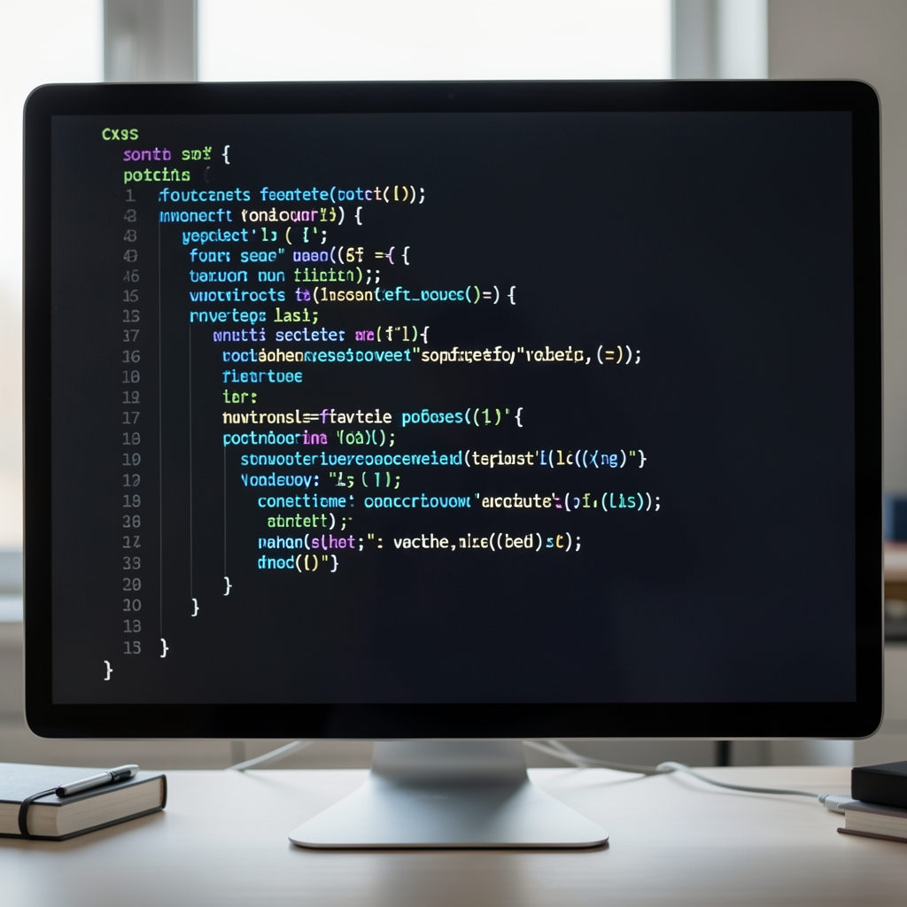 Pantalla de computadora mostrando código de CSS con propiedades de fuentes variables, fondo oscuro con tipografía brillante en tonos azules y blancos