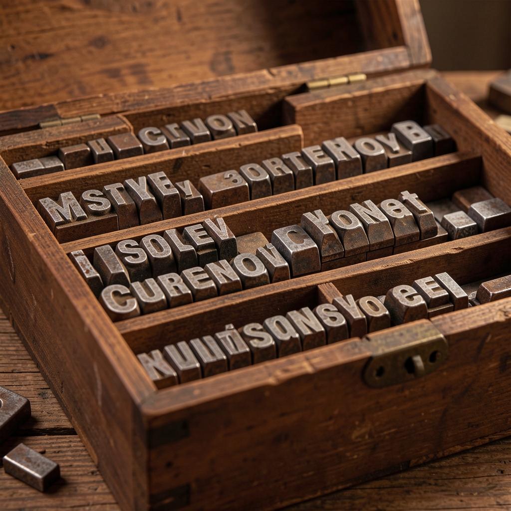 Caja tipográfica de imprenta vintage con tipos móviles de plomo dispuestos en composición, iluminación cálida que resalta la textura del metal envejecido