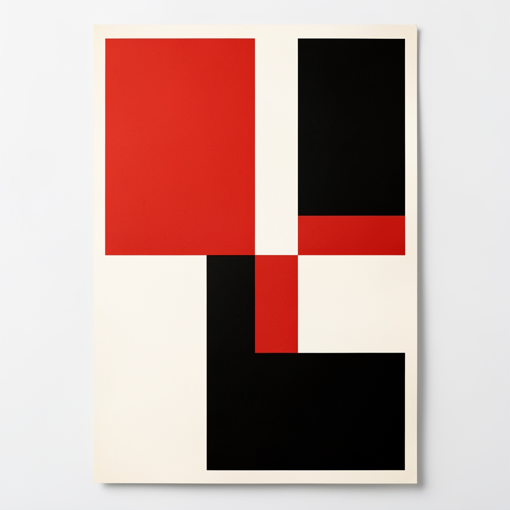 Póster de diseño Bauhaus de los años 1920 con tipografía geométrica sans-serif de trazo uniforme, composición asimétrica con bloques de color rojo y negro sobre fondo blanco