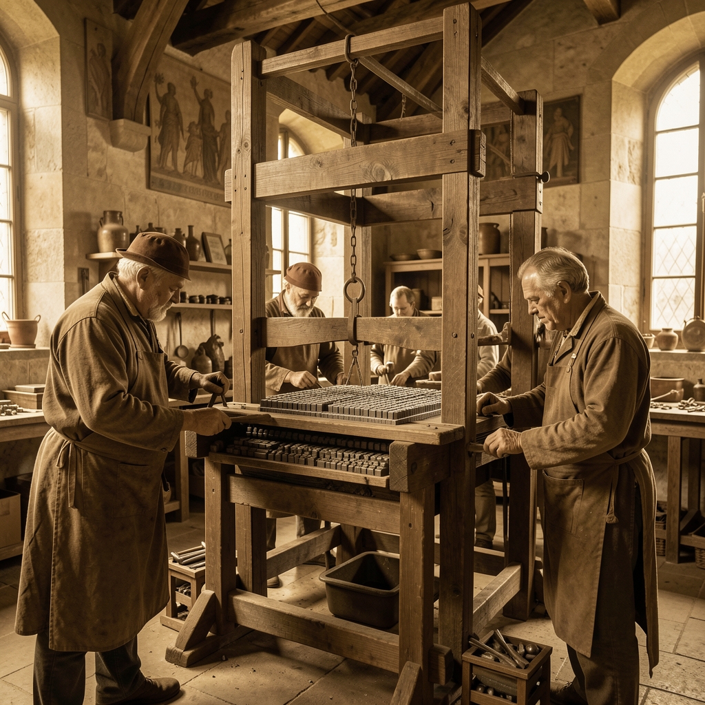 Taller de imprenta renacentista del siglo XV con impresores trabajando en una prensa de madera con tipos móviles de plomo, ilustración histórica con tonos sepia y ocre