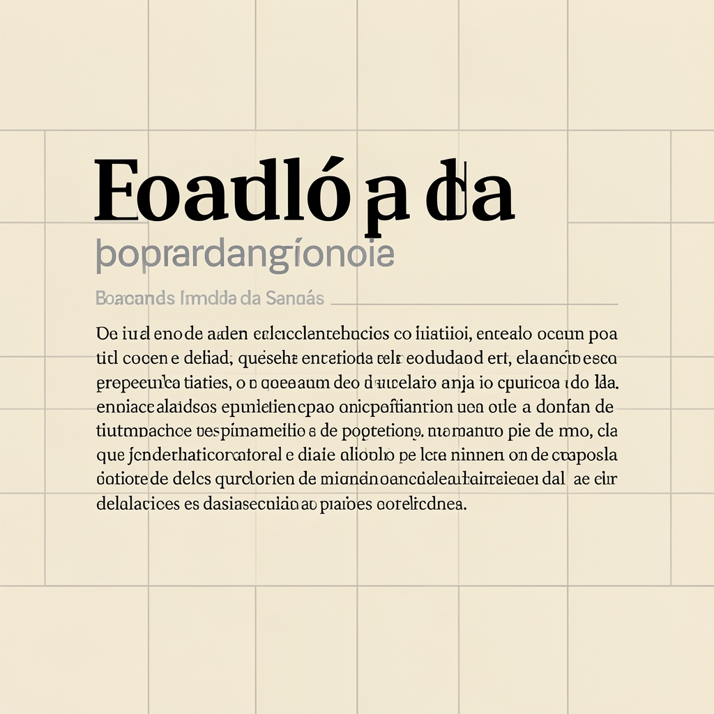 Ejemplo de página editorial con jerarquía tipográfica claramente diferenciada: titular grande en serif negra, bajada en sans-serif mediana, cuerpo de texto en serif pequeña, y elementos de apoyo en color gris tenue, sobre fondo crema con cuadrícula modular visible