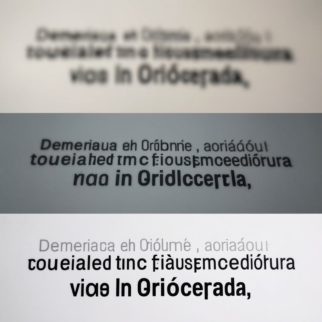 Serie de cinco muestras del mismo texto tipográfico en condiciones distintas de evaluación: versión original, con desenfoque gaussiano aplicado, en escala de grises, reducida al 25 por ciento de su tamaño y con simulación de visión dicromática