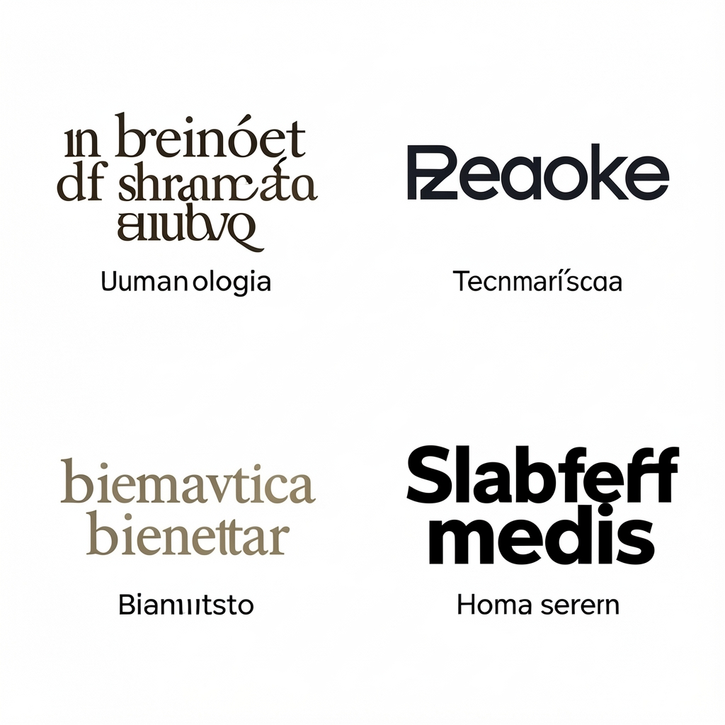 Composición comparando cuatro tipos de tipografía de marca sobre papel blanco: una serif clásica oscura para una marca de lujo, una sans-serif geométrica para una marca tecnológica, una humanística para una marca de bienestar y una slab serif para una marca de medios, con sus nombres de categoría debajo