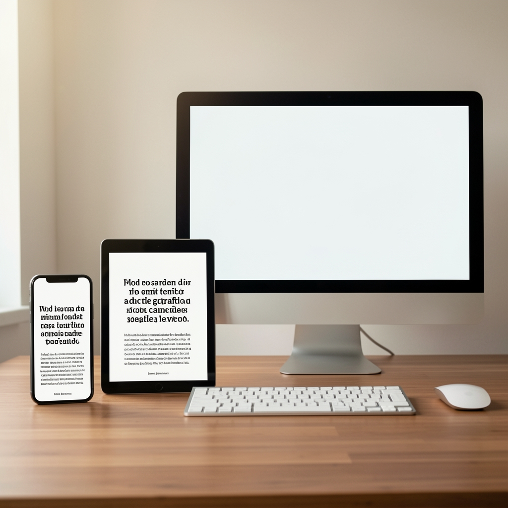 Maqueta mostrando el mismo layout tipográfico editorial en tres dispositivos: smartphone, tablet y monitor de escritorio, con el texto adaptándose fluidamente a cada tamaño de pantalla con correcta escala tipográfica